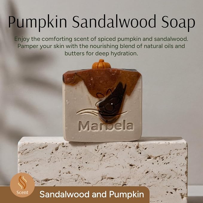 Marbela Cosmetics Pumpkin Sandalwood Handmade Soap Bar - Made in USA, Vegan Friendly, Palm Oil Free, Natural Bar Soap - Gentle Face & Body Soap for Daily Skin Care, Moisturizing & Nourishing - 3.5 oz