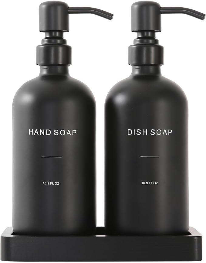 Matte Black Soap Dispenser Set, Kitchen Soap Dispenser Set with Black Stainless Steel Pump, Perfect for Kitchen Decor and Accessories. (Black)