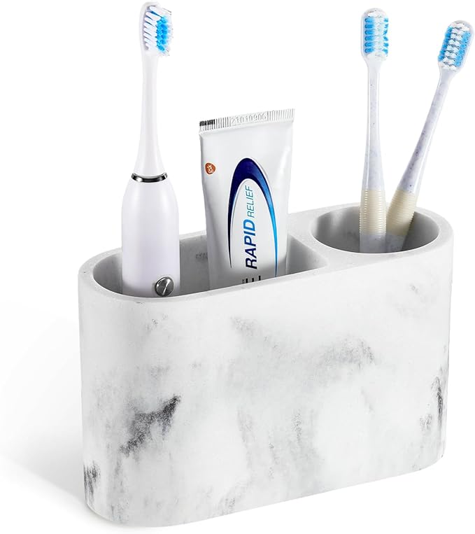 Luxspire Toothbrush Holder, 2 Slots Toothbrush and Toothpaste Holdersfor Bathrooms, Resin Toothbrush Holder Electric Toothbrush Stand for Vanity Countertop, Bathroom Accessories, Gravel White