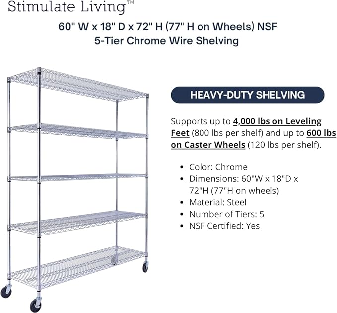 60"x18"x72" PRIME HEAVY DUTY Chrome 5-Tier Wire Shelving 4000 LBS MAX Capacity Storage Rack for Commercial, School, Home, Garage, Warehouse, Industrial, and Hospital Uses (with Wheels)