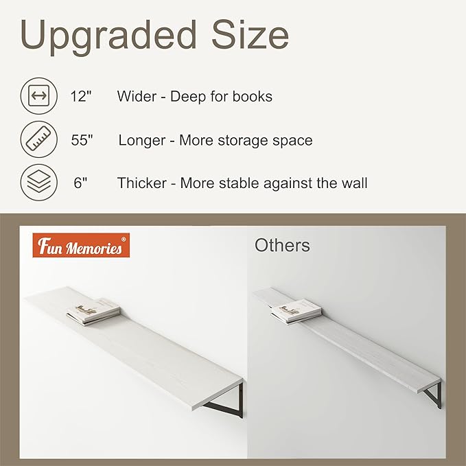Fun Memories Deep Floating Shelves, 55W x 12D Floating Shelves for Wall, Wood White Floating Shelf with Bracket, Wide Display & Storage Wall Shelves for Living Room, Bedroom,