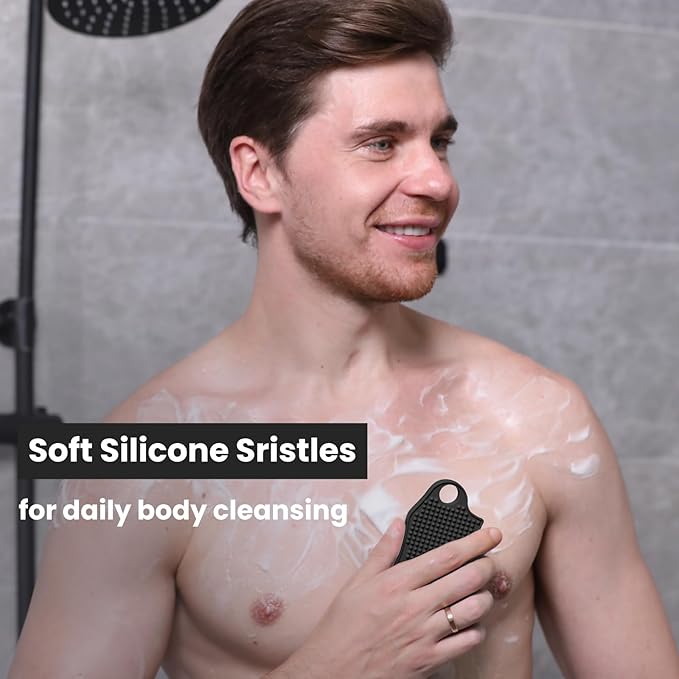 Silicone Body Scrubber Silver-Infused Dual-Sided 3-in-1 for Shower, Body Cleaning+Massage+Exfoliator Body Brush Buffer for Men and Women, Silicone Loofah, Non-Slip Handle (Black)