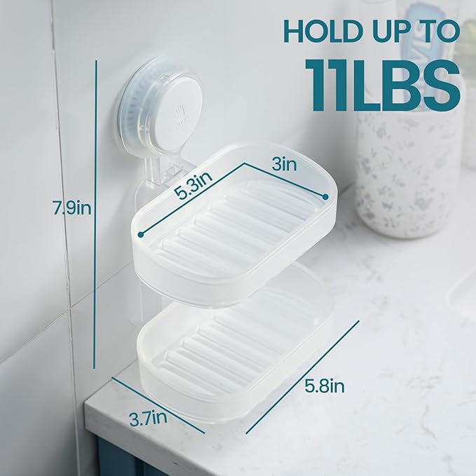 TAILI Double Layer Soap Dish Holder Suction Cup, Strong Sponge Holder for Shower, No Tools Soap Saver for Bathroom, Tub and Kitchen Sink, Shower Accessories, Drill-Free, Removable,Clear