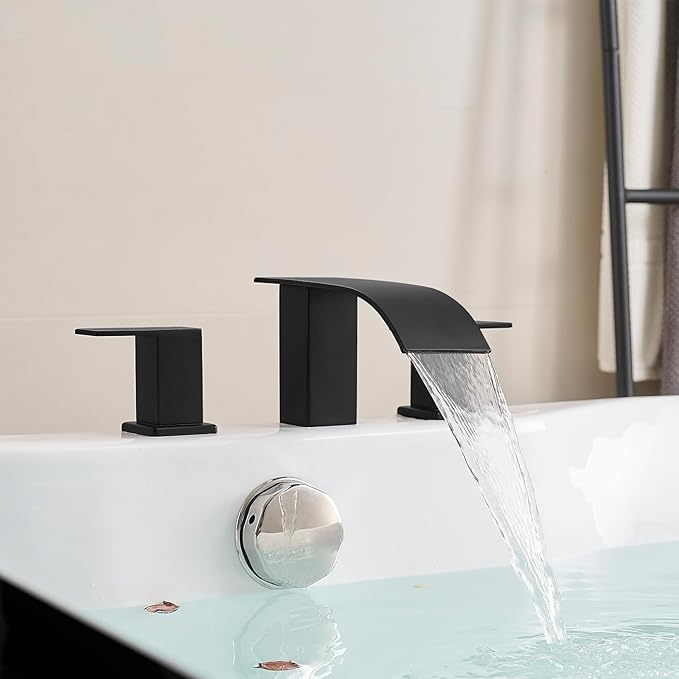 RUMOSE Matte Black Roman Bathtub Faucet Set Waterfall Tub Faucets High Flow Widespread 6-16 Inch 3 Holes Deck Mount Tub Filler 2 Handles Bathtub Filler Soaking Bath Faucet