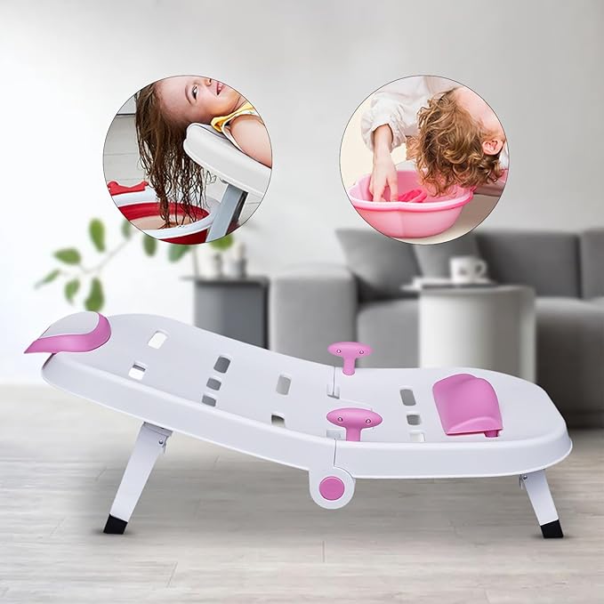 Adjustable Children's Shampoo Chair is Suitable for 0-5 Years Old Bath Seat Bathtub Household Foldable Moisture-Proof Clothes Design (Pink+White)