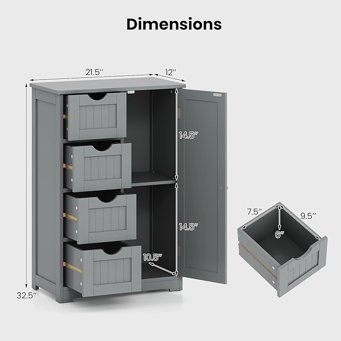 Giantex Bathroom Cabinet, Freestanding Storage Cabinet with 1 Door & 4 Drawers, 3-Level Adjustable Shelf, Anti-toppling System, Modern Storage Organizer for Bathroom, Living Room, Kitchen (Gray)