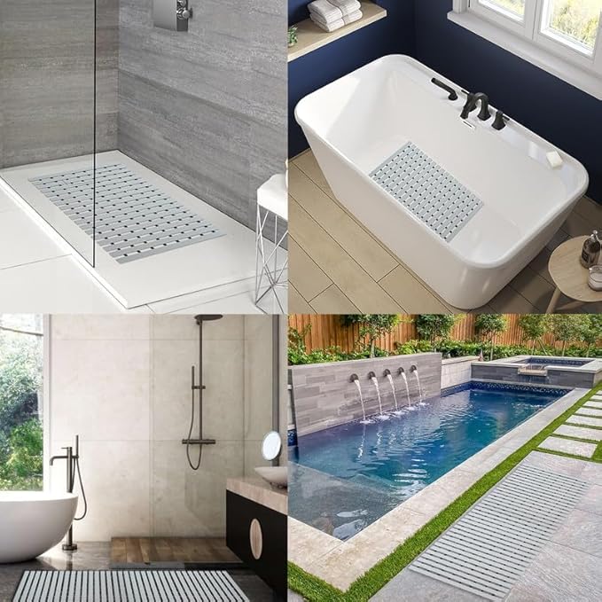 Bath Mat Non Slip Shower Mat Bathtub with Drain Holes and Heavy Duty Rubber No Suction Cups Sturdy Shower Stall Tub Mat for Bathroom, Shower Floor, Pool, SPA, (Grey, 2FT X 22FT)