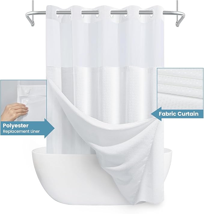 Long No Hook Shower Curtain with Snap in Liner,230GSM Waffle Weave Shower Curtains for Bathroom,71W x 80H(78"),White