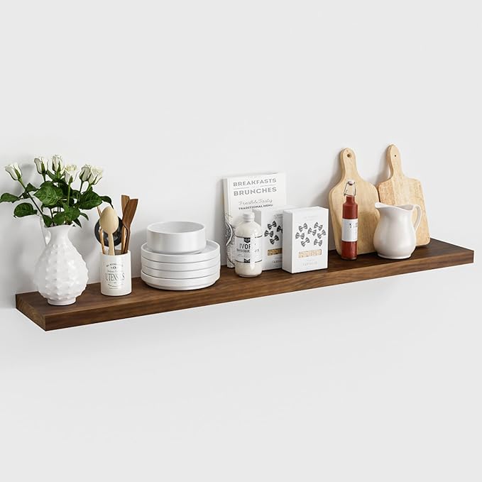 Vivelove Solid Wood Rustic Floating Shelves 36 Inch Long, 8 inch Deep Floating Wall Shelves for Living Room Kitchen Bedroom Bathroom Office, Farmhouse Home Decor, 1 Pack, Dark Walnut, Pine Wood