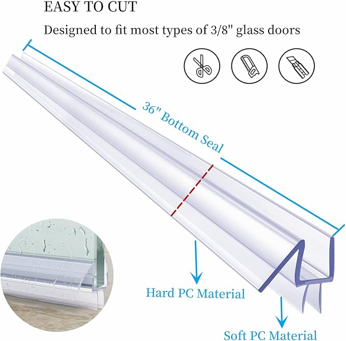 Shower Door Seal Strip Kits Set of 3 Polycarbonate Include 2 PCS 84" Side Seals and 1 PCS 36" Bottom Seal for 3/8"(10mm) Thick Glass