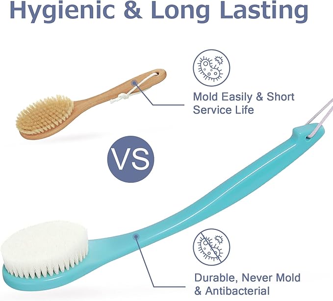 VANZAVANZU Exfoliating Shower Brush Back Scrubbers for Use in Shower, Plastic Bath Brush Long Handle for Shower with Moderate Bristles, Dry or Wet Back Brush for Shower Men Women-Green