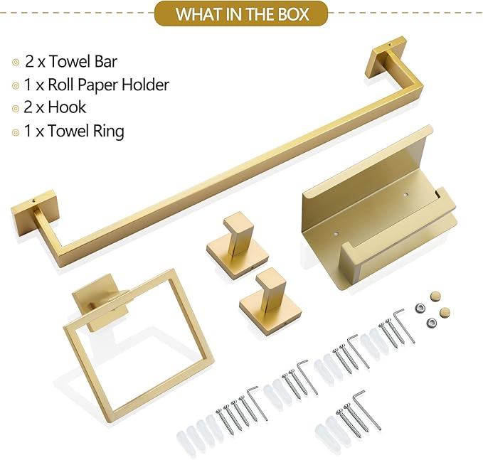 TNOMS 6-Piece Bathroom Hardware Set 23.6 Inch Gold Towel Bar Set Double Towel Bar Towel Ring Coat Hook and Toilet Paper Holder with Shelf Wall Mounted Stainless Steel Bathroom Accessories Set