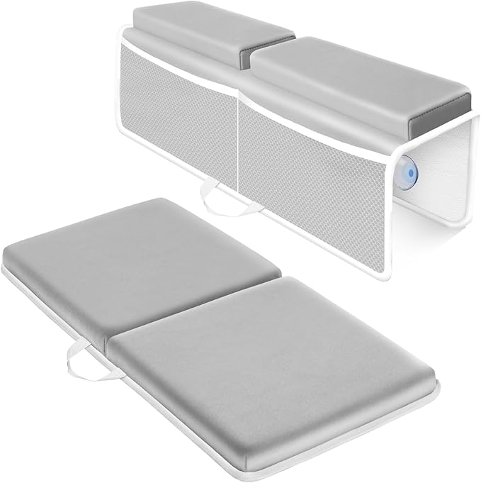 KJR Bath Kneeler and Elbow Rest Pad Set for Baby Bathing, Thick Quick Drying Memory Foam Kneeling Mat with Toy Organizer Pockets, Comfortable Non Slip Bathtub Knee Saver Support for Knees, Arms（Gray）