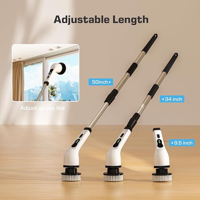 Kingwell Electric Spin Scrubber, Cordless Electric Scrubber for Cleaning with 9 Brush Heads, 2 Speeds,3 Adjustable Handle, 90Mins Work Time, Shower Scrubber for Bathroom, Tub, Floor,White