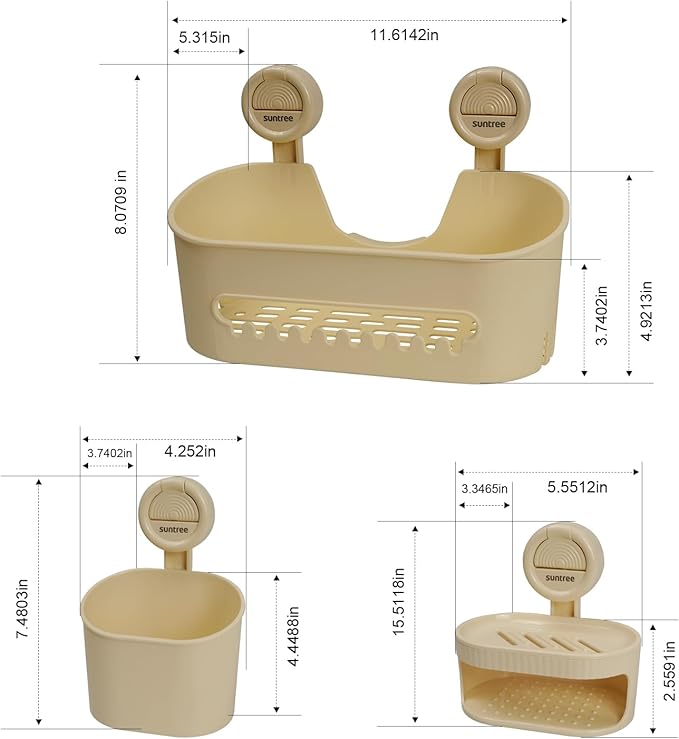 suntree Shower Caddy with Strong Suction Cups, No Drill Bathroom Shelf Organizer, Removable Soap Holder & Toothbrush Holder, Waterproof Storage with Drainage Design, Cream White