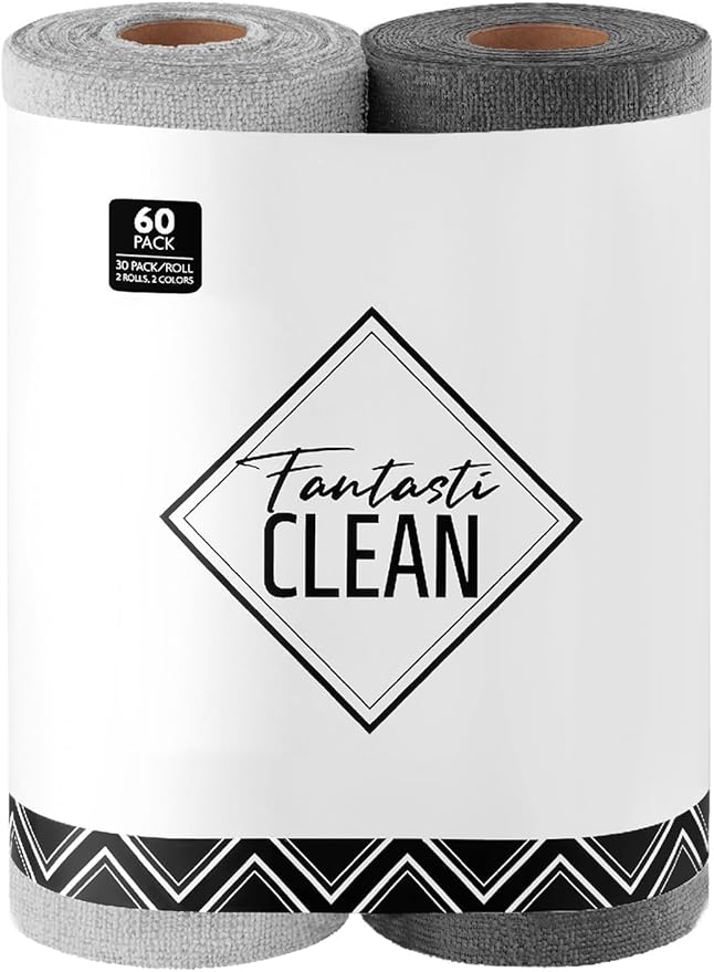 Fantasticlean Microfiber Cleaning Cloth Roll -60 Pack, Tear Away Microfiber Towels, 12" x 12", Reusable, Washable, Scratch Free, Ultra Absorbent for Car, Home Supplies (Grey & DimGrey)