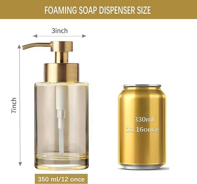 Enra Gold Foaming Soap Dispenser, 12oz Thick Glass Bathroom & Kitchen Dispenser with Stainless Steel Pump