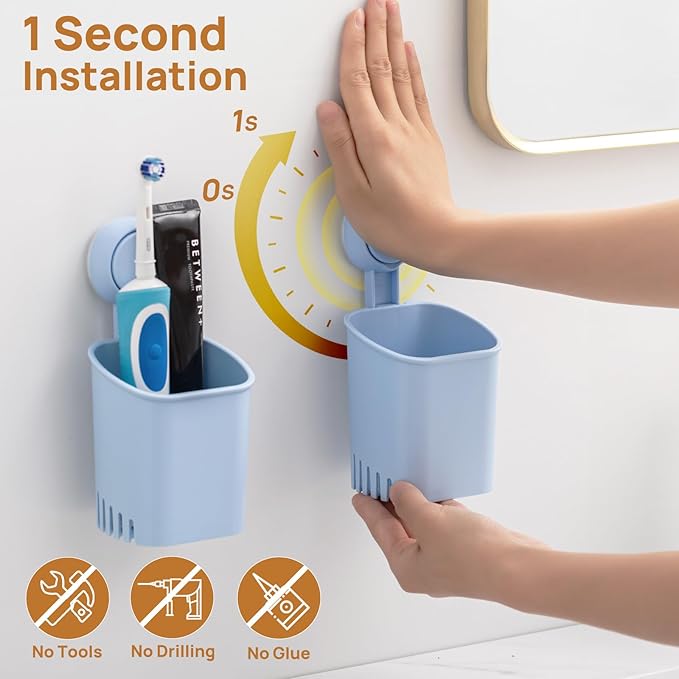 LEVERLOC Powerful Suction Cup Toothbrush Holder, No Drill Removable Wall Shower Holder for Toothbrush, Toothpaste, Razor, Self-draining Suction Cup in Shower, Kitchen Tableware Organizer, Blue, 2 Pack