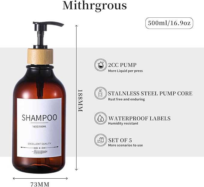 Shampoo and Conditioner Dispenser, 5Pack Refillable Dispenser Bottles,16.9oz Pump Bottles, Amber Shampoo Containers for Shower