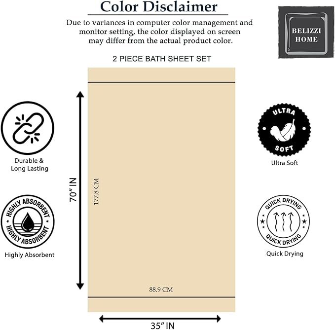 Belizzi Home Cotton 2 Pack Oversized Bath Sheet 35 x 70, Large Bath Sheet, Ultra Absorbent, Compact, Eco-Friendly and 100% Recyclable, Quick Drying and Lightweight Towel - Black
