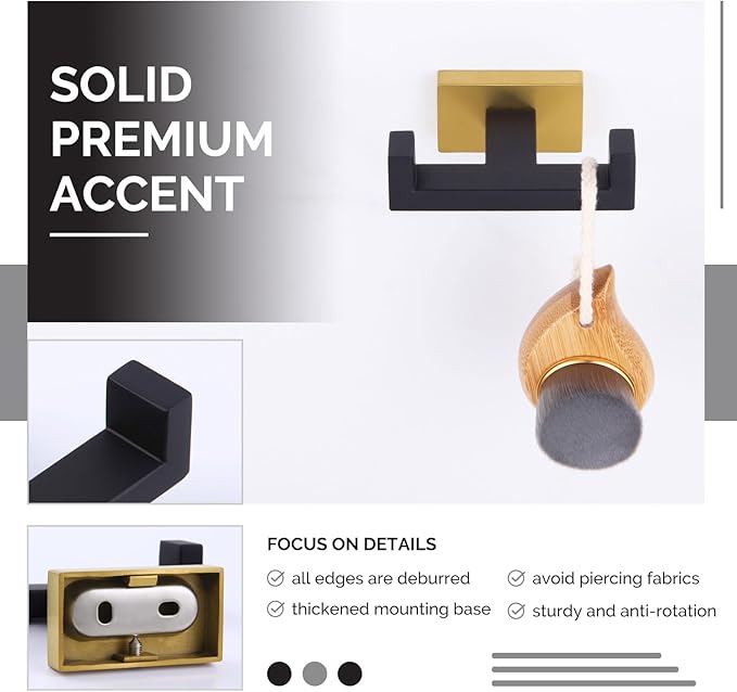 Angle Simple Towel Hook Black & Gold 2 PCS, Stainless Steel Double Hook for Bathroom, Square Robe Hook, Hand Towel Holder for Wall