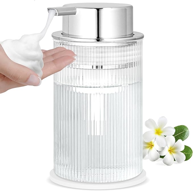 NiHome 14oz Ribbed Glass Foaming Hand Soap Dispenser, High-Capacity Easy to Refill for Home & Commercial Use, Clear Foaming Soap Dispenser for Bathroom, Kitchen with Large Foam Pump & Non-Slip Mat