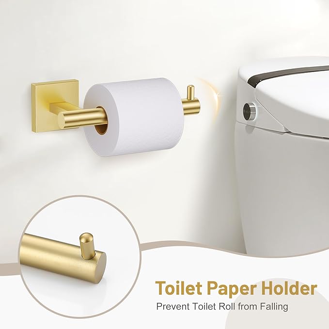 5 Pieces Bathroom Hardware Set Brushed Gold Towel Bar Set Includes 23.6” Towel Bar, Towel Ring Holder, Toilet Paper Holder and Two Towel Hooks, Bathroom Accessories Set SUS304 Wall Mounted