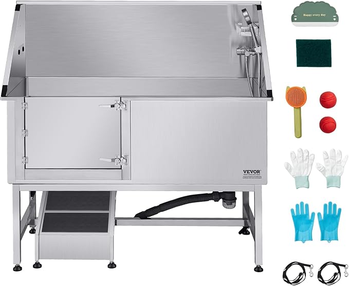 VEVOR Stainless Steel Dog Washing Station, Professional 62 inch Pet Grooming Tub w/Ramp, PE Water Filter Board, Faucet & Showerhead & Soap Holder Bathtub for Large & Medium & Small Pets (Left Door)