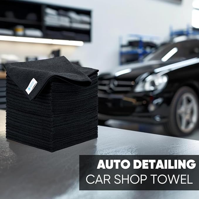Microfiber Wholesale 16" x 16" All Purpose Towels - 50 Pack - Reusable Wash Cloths, Dust, Kitchen, Car, Shop Rags for Cleaning (Black)