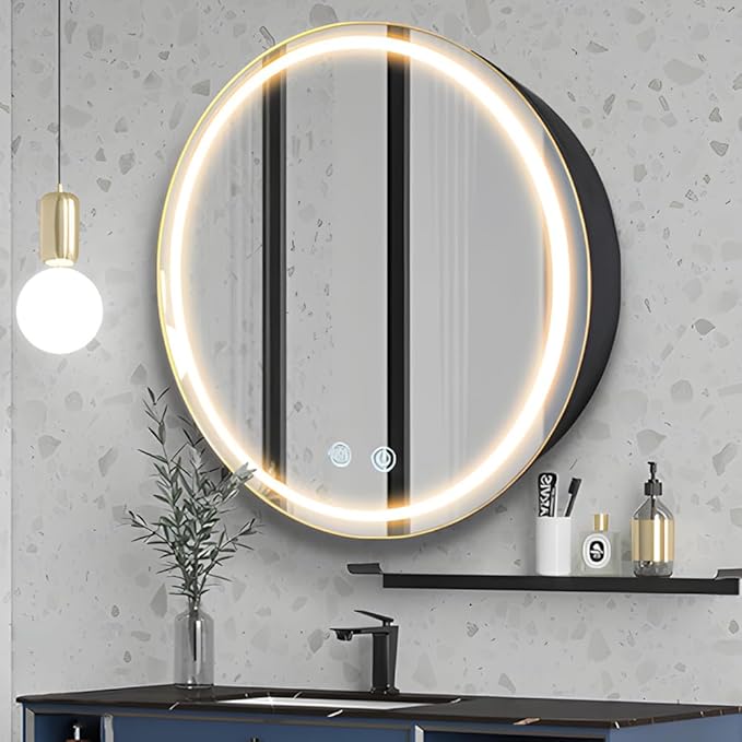 24inch Round Medicine Cabinet with Lights,Led Medicine Cabinet with Defogger,Illuminated Mirror Cabinet for Bathroom,Dimmable,Anti-Fog,3 Colors,Surface Mount Only,Black