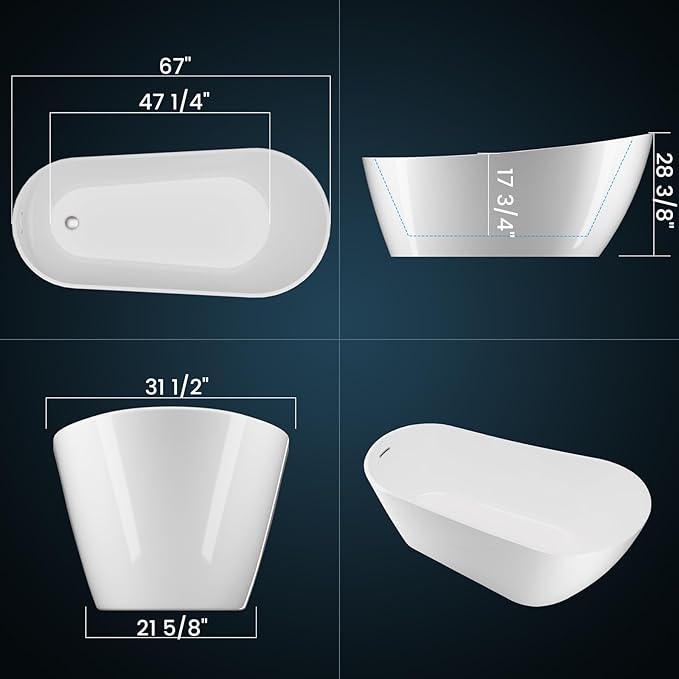 Freestanding Bathtubs 67 inch Acrylic Free Standing Bath Tub, Freestanding Tub with Integrated Overflow, Luxury Soaking Tub for Contemporary Home Spa