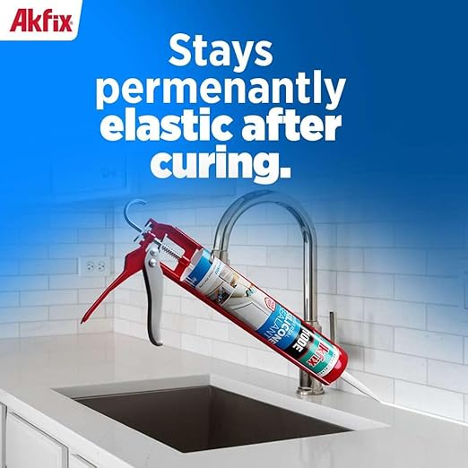 Akfix 100E RTV Clear Silicone Caulk (48x10.1 fl.oz.) - 100% Waterproof Silicone Sealant for Kitchen and Bathroom, Shower, Toilet, Sink, Window and Door, No Yellowing | Clear, 48 Pack