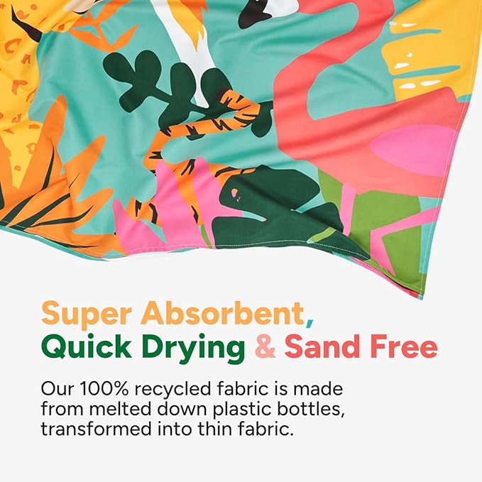 Dock & Bay Beach Towel - Quick Dry, Sand Free - Compact, Lightweight - 100% Recycled - Includes Bag - Wild Things - Large (160x90cm, 63x35)