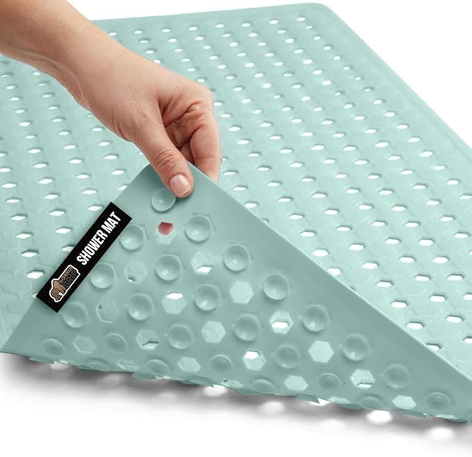 GORILLA GRIP Patented Bath Tub Shower Mat, Machine Washable Bathtub Floor Liner Mats, Suction Cups and Drain Holes to Keep Tubs Clean, Soft on Feet, Bathroom Essentials, 35x16 Inch, Mint Opaque