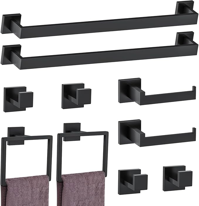 10-Piece Matte Black Bathroom Hardware Accessories Set Black Towel Bar Set Towel Holder Set Stainless Steel Wall-Mounted Towel Rack Set for Bathroom,23.6 Inch Towel Bar