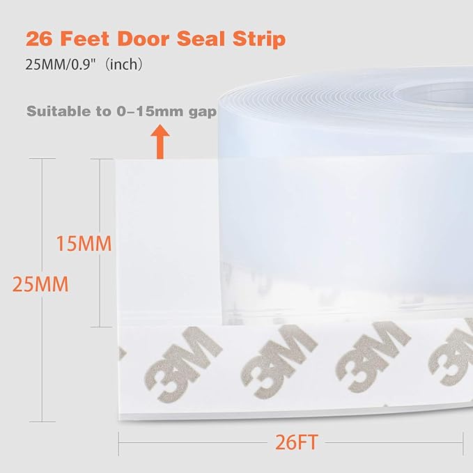 26 Feet Silicone Seal Strip, Door Weather Stripping Window Sealing Tape for Draft Stopper Adhesive Doors Windows and Shower Glass Gaps (Transparent, 25MM)
