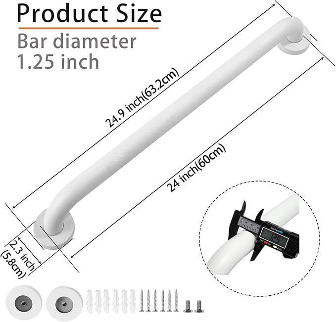 Shower Grab Bar, 2 Pack 24 Inch White Bathroom Grab Bar, 1.25" Diameter 304 Stainless Steel Anti-Slip Grab Bars for Bathtubs and Showers, Handicap Shower Grab Bar for Seniors Elderly