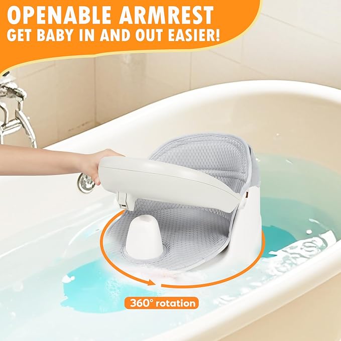 Swivel Baby Bath Seat, Openable Armrest and 360° Rotatable Baby Bath Seat for Babies 6 Months & up, Baby Bath Mat/Rinse Cup/Brush/Baby Shower Cap Included, White