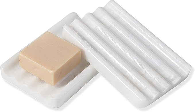 2PCS Koville African Natural Marble Soap Dish for Shower, Stone Soap Tray for Bathroom, Bar Soap Holder for Sink, Stripe Grooves Saver Keep Bars Dry Easy Clean (Namib Bianco)