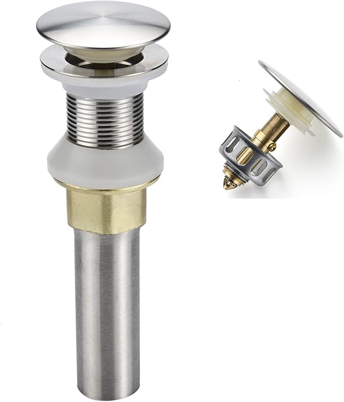 Bathroom Sink Drain,Drain Stopper Bathroom Sink Without Overflow,Pop Up Drain Assembly with Detachable Strainer Basket,Built-in Anti-Clogging Strainer,Stainless Steel Brushed Nickel