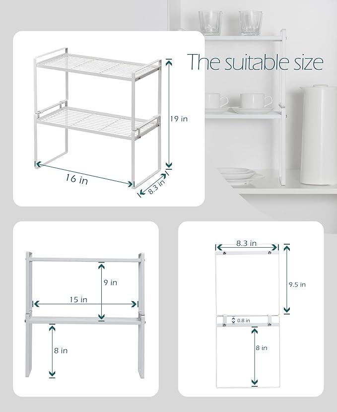 2Pack Cabinet Shelf Organizer Storage Rack Space Saving for Kitchen Counter Pantry Bathroom Cupboard Under Sink Office Table Steel Stackable Rust Resistant Heavy Duty Nonslip 16” White - Tall