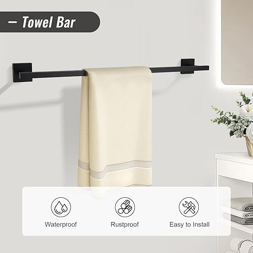 YACVCL Black Towel Bar Set 5-Piece Bathroom Hardware Accessories Set,SUS304 Stainless Steel Towel Rack Set,23.6 Inch Towel Bar,Toilet Paper Holder,Towel Ring and Towel Hooks,Wall Mounted