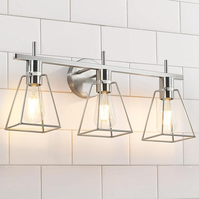 Industrial Bathroom Vanity Lights: 3-Lights Silver Brushed Nickel Vintage Metal Cage Wall Lamp - Rustic Farmhouse Light Fixture Over Mirrors Cabinet for Bath Hallway