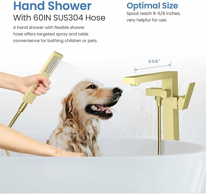 KIBI Cube Brushed Gold Freestanding Bathtub Faucet ‑ Floor‑Mounted Brass Tub Filler | Single‑Handle Bathroom Faucets with Hand Shower, Ceramic Cartridge & Stainless Steel Hose (KTF302BG)