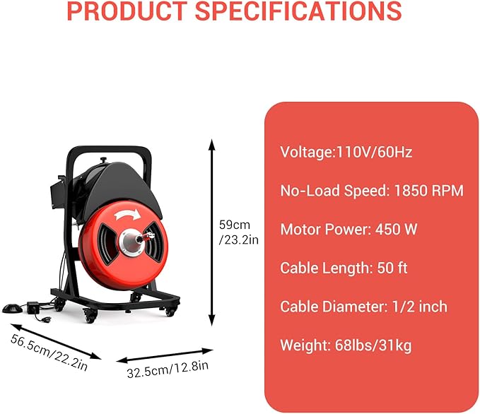50FTx1/2 Inch Drain Cleaner Machine with Wheels, Sewer Snake Electric Drain for 2" to 4" Pipes, Plumbing Snake Auger Cleaner with 6 Cutter & Foot Switch for Sewer, Sink, Toilet, Bathroom