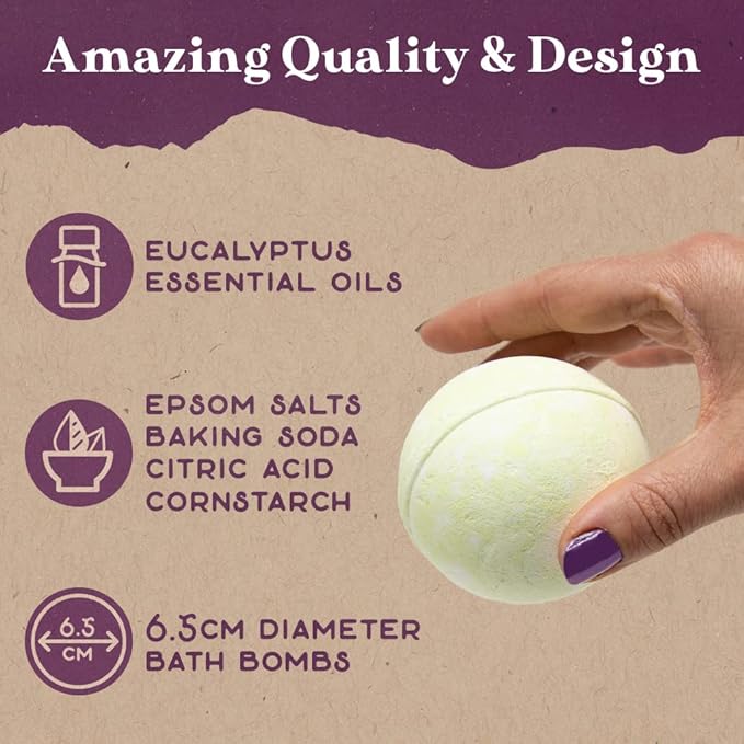 Purple Canyon Eucalyptus Bath Bombs for Women | Energizing Mint and Eucalyptus Bath Bomb with Natural Essential Oils | Gift Set of 6