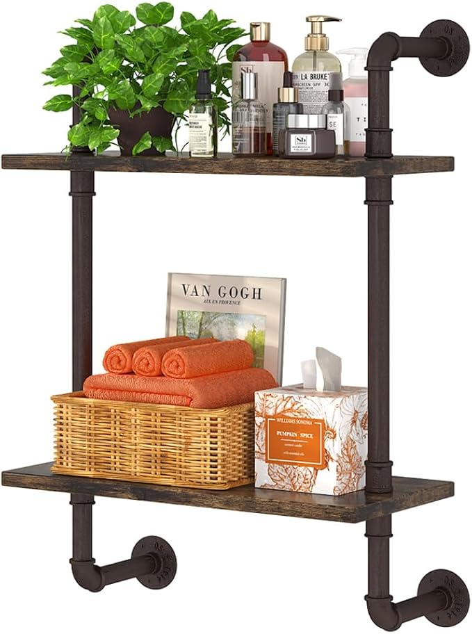 Helsin 2 Tier Industrial Pipe Floating Bathroom Shelves, 16inch Rustic Wood Wall Mounted Shelf, Storage Rack Sundries Holder for Kitchen Office Bathroom Organization & Home Décor