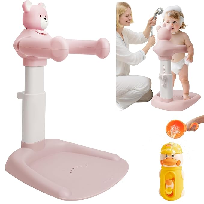 Adjustable Baby Shower Stand with Slip Base,Huggable Bear Bathing Support,Portable Shower Baby Stand,Bath Standing Shower, Baby Bath Seat(Pink)