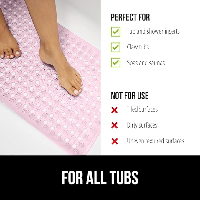 GORILLA GRIP Patented Bath Tub Shower Mat, Machine Washable Bathtub Floor Liner Mats, Suction Cups and Drain Holes to Keep Tubs Clean, Soft on Feet, Bathroom Essentials, 35x16 Inch, Clear Light Pink