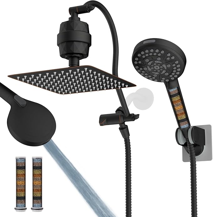 Hibbent All Metal 10'' Dual Filtered Rainfall Shower Head Combo, High Pressure Handheld Shower Head with 12'' Adjustable Extension Arm, 20 Stage Shower Filter, 10-spray, 71'' Hose, Oil Rubbed Bronze